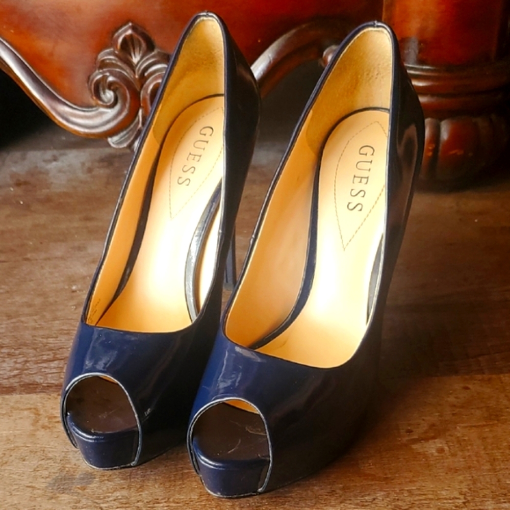 Guess Navy Peep Toe Heels Elegant Formal Style